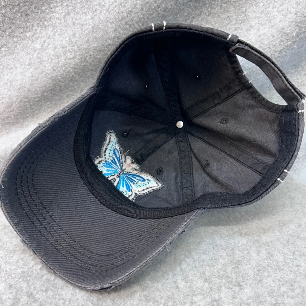 Blue Butterfly Patch Womens Gray Unbranded Baseball Cap Distressed OSFM